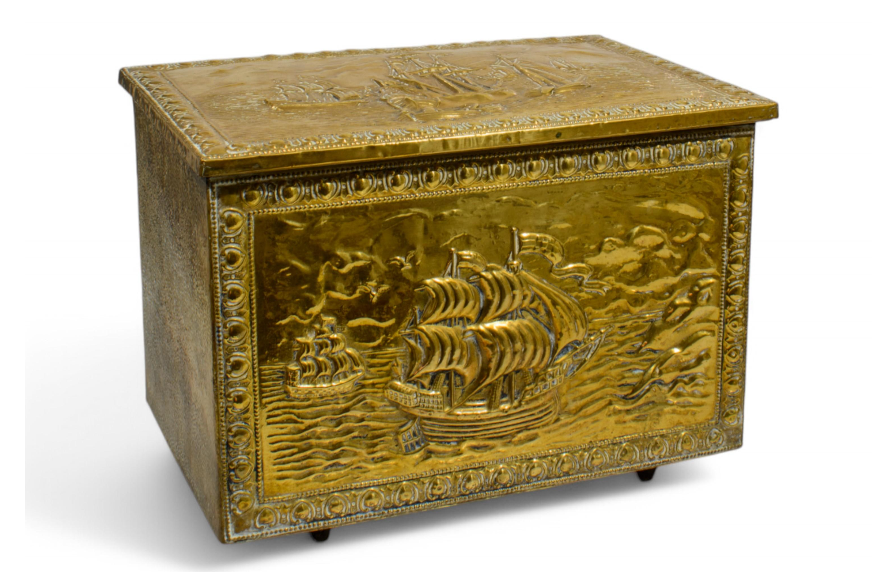 Antique brass covered box galleon marine motif embossed brass coffer 30x41x29cm decorative arts