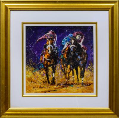 Horse racing oil painting two jockeys full gallop signed gilt frame South Africa